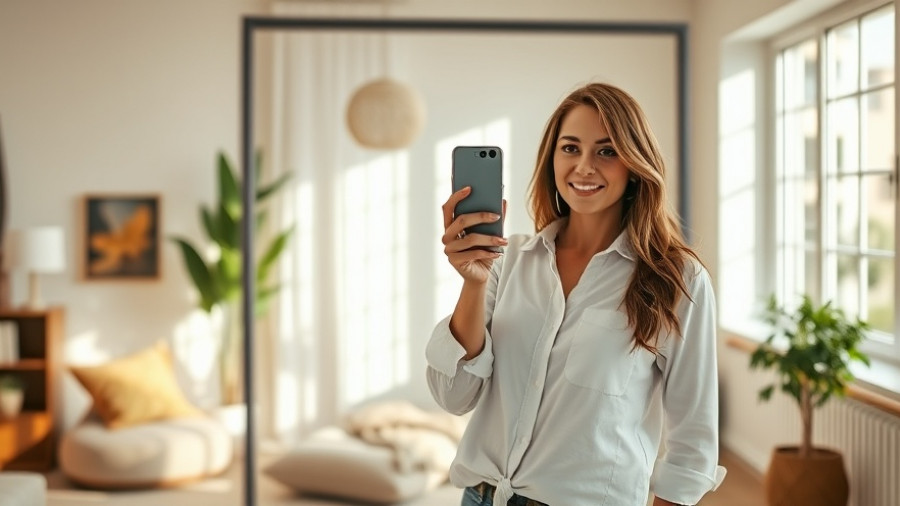 Casual woman in timeless white button-down shirt taking mirror selfie.