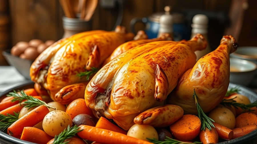 Roasted Cornish hens with vegetables and herbs in a rustic kitchen.