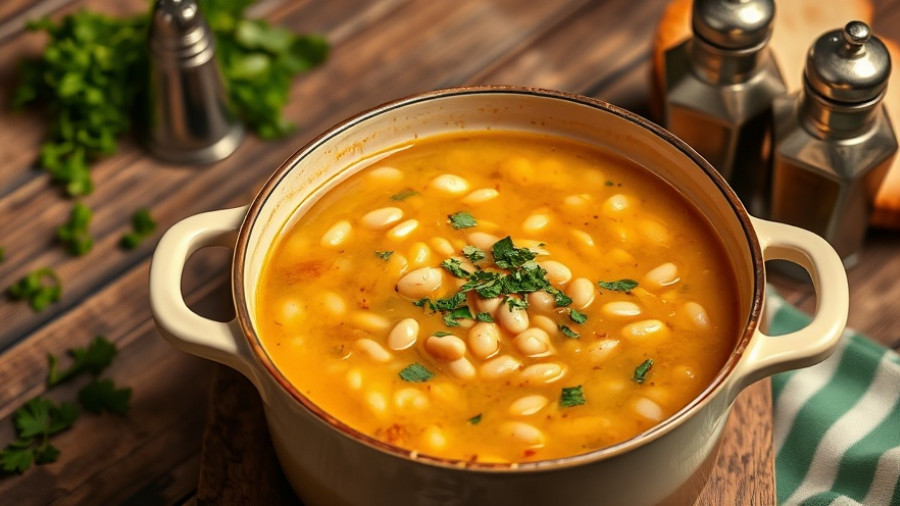 Creamy bean soup in a pot on a wooden table, best bean soup recipes focus.
