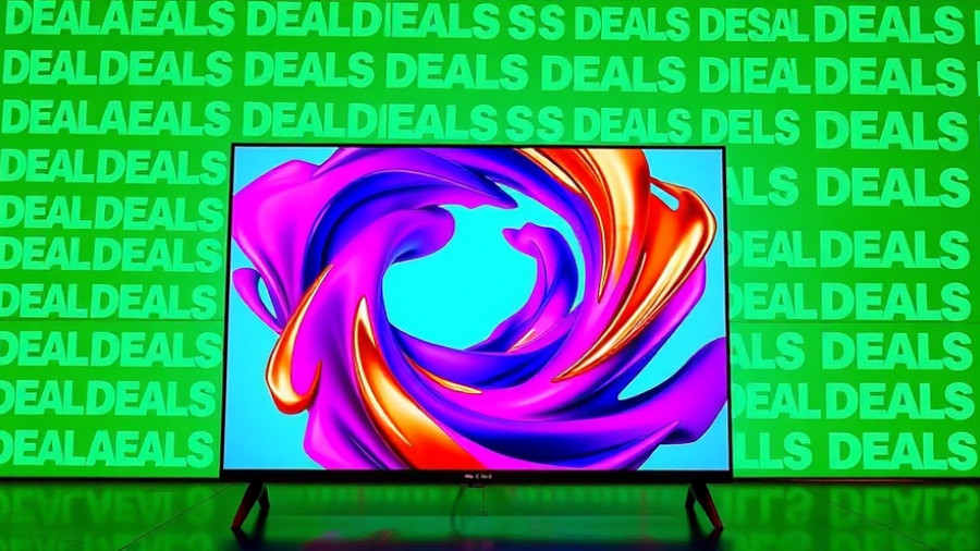 Colorful LG OLED display with deals in background.