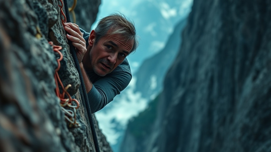 Climber scales cliff in thrilling scene, Mission Impossible Fallout.