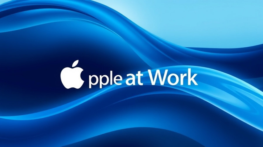 Apple at Work digital poster with blue wave background.