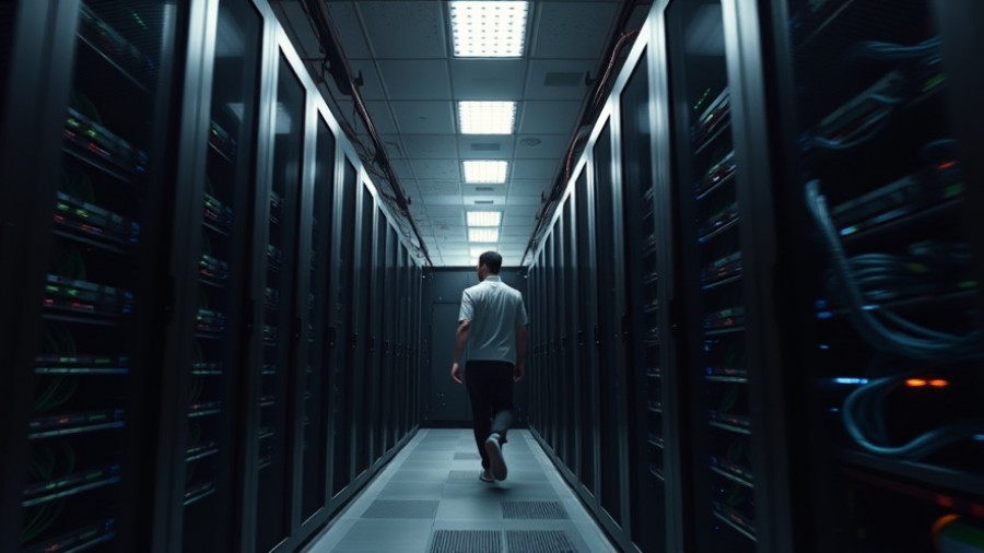 Blurred person walking by server racks in a modern data center.