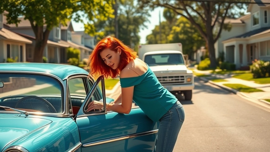 Film scene featuring woman in teal top near vintage car, Alligator 1980.