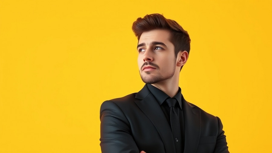 Confident man in black suit on yellow background, thoughtful pose.