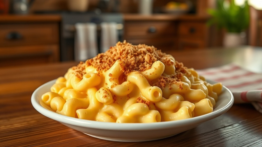 Creamy Velveeta mac and cheese with breadcrumb topping on plate.