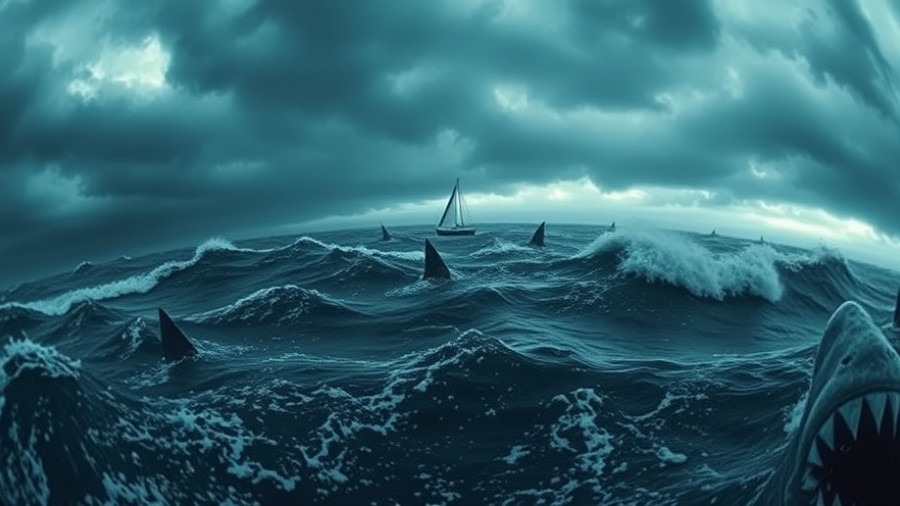 Adrift podcast artwork: a sailboat surrounded by sharks in stormy sea.