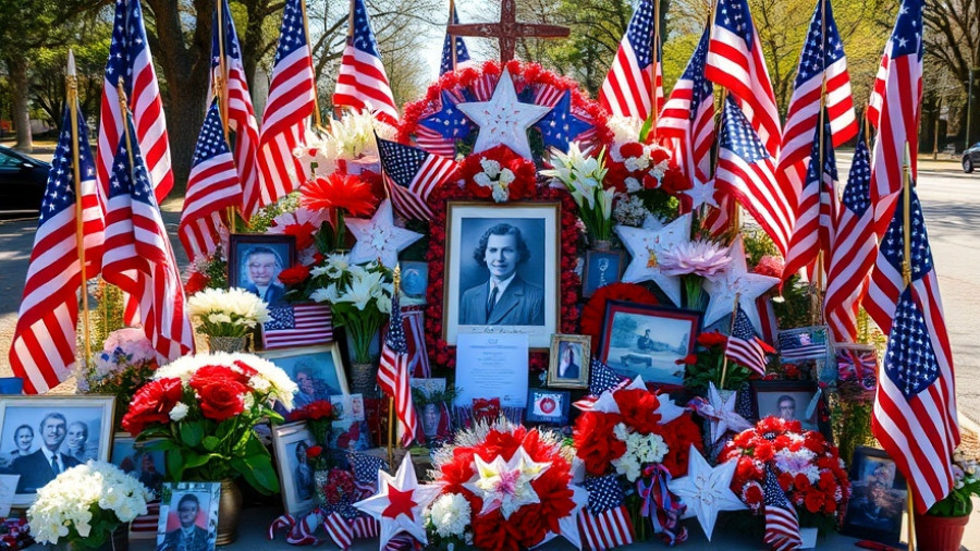 Charlie Kirk poster with flags and flowers at memorial.