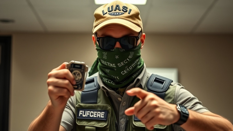 Fake ICE agent in disguise wearing green bandana and police vest.