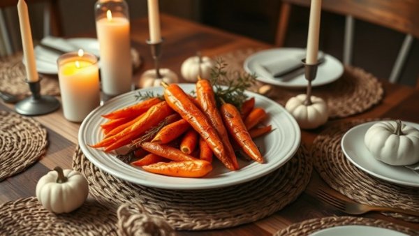 Elegant Thanksgiving menu planning scene with roasted carrots, candles, and pumpkins.
