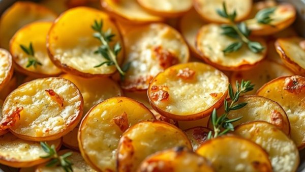Golden brown potatoes au gratin garnished with herbs.