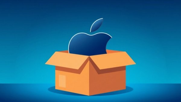 Illustration of Apple logo in Amazon box on blue background