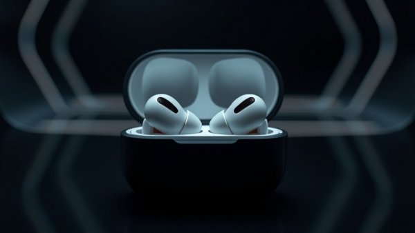 Futuristic AirPods feature in iOS 26, wireless earbuds glowing.