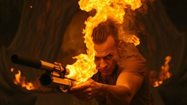 Fiery alien battle scene with flamethrower action from the best Alien movie.