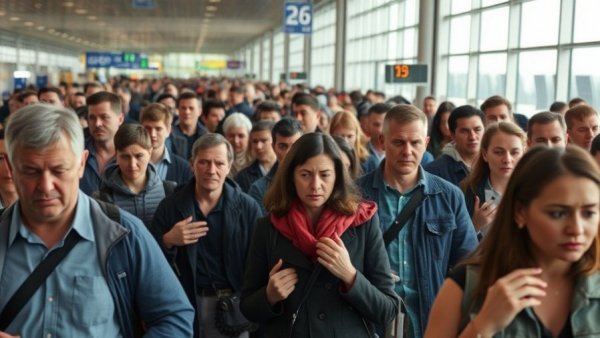 Crowded airport scene as FAA cuts flights during shutdown.