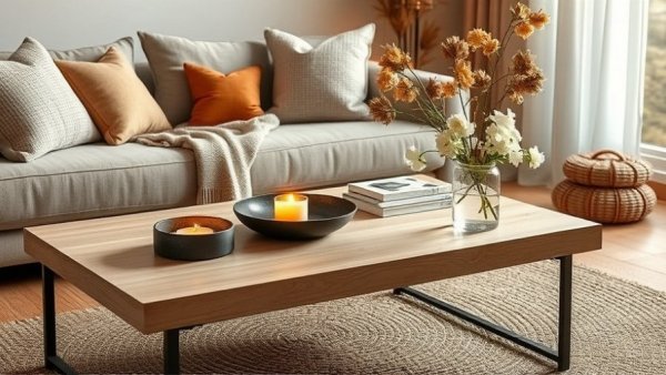 Cozy fall-themed living room setup with a candle on a coffee table, perfect for families.