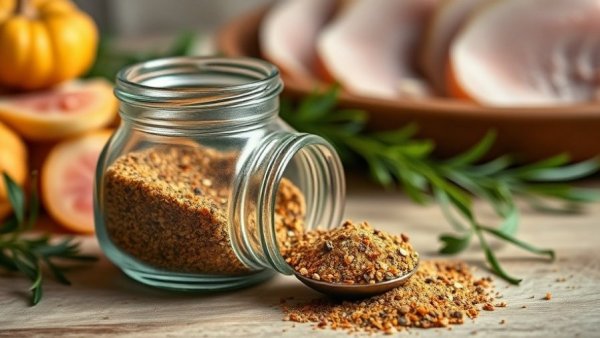 Turkey seasoning blend in jar with spoon in kitchen setting.