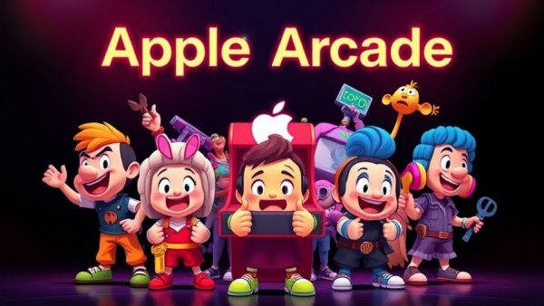 Colorful Apple Arcade characters, vibrant and animated, with neon backdrop.
