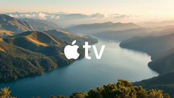 Apple TV family entertainment logo over scenic landscape with hills and lake.