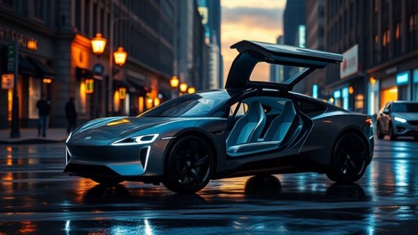 Futuristic electric car from Cybercab Production on a rainy street.