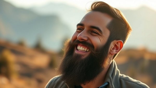 Bearded man smiling outdoors, soft mountain background.
