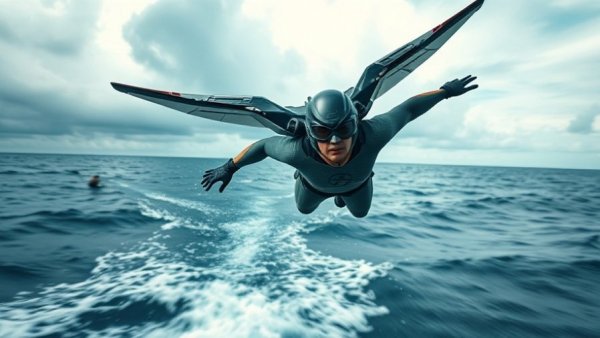 Superhero soaring over ocean waves with mechanical wings, Marvel movie quality signal.