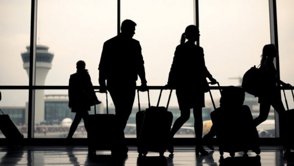Silhouetted travelers in airport with control tower