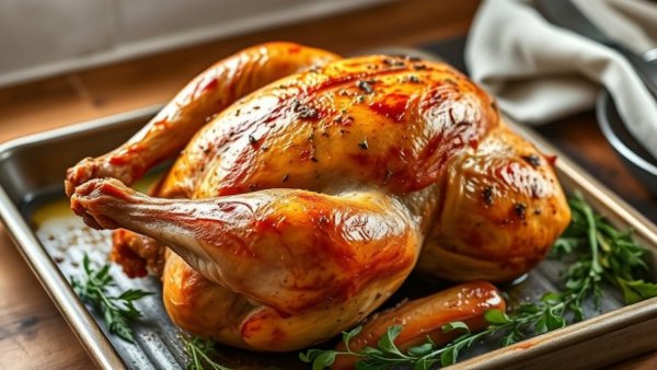 Golden brown spatchcock turkey recipe on tray.