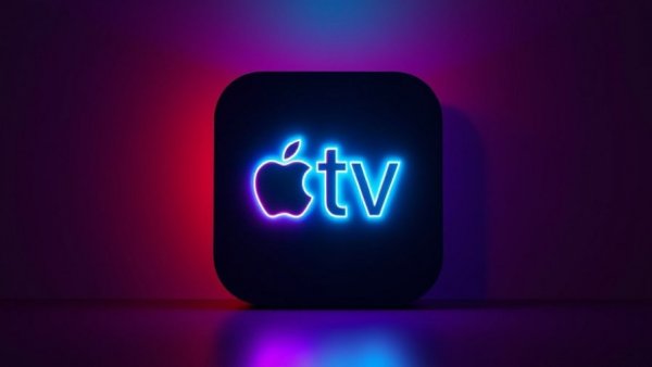Vibrant neon Apple TV logo on dark background, Apple TV content lineup 2026.