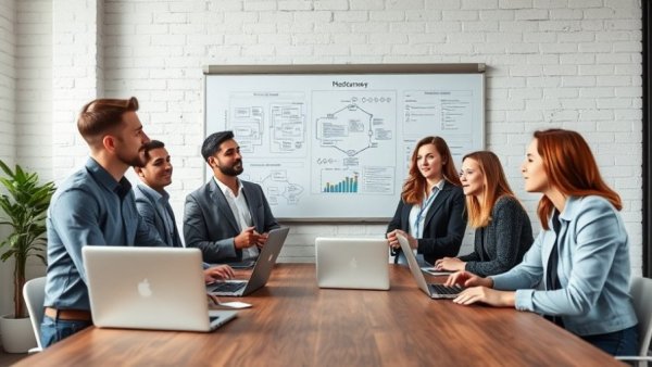 Business team discussing a winning social media strategy in an office.