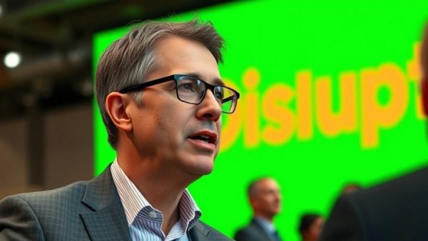 Rivian CEO speaking at tech conference stage with Disrupt backdrop.