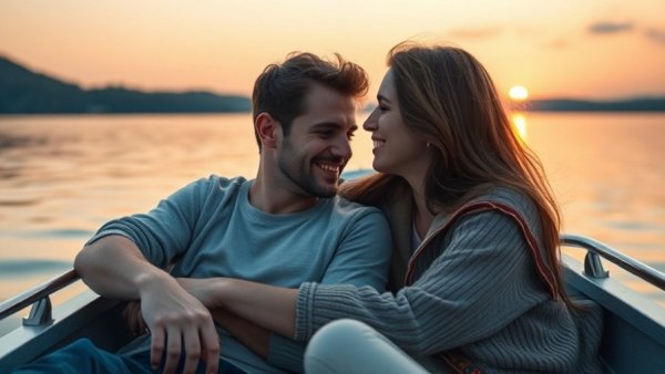 Young couple embracing on a boat at sunset