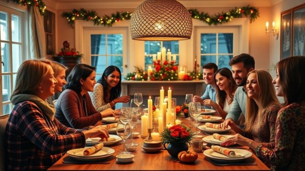 Stress-free holiday hosting with friends enjoying a festive dinner.