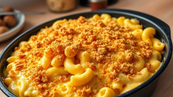 Extra Cheesy Baked Mac and Cheese with crispy breadcrumb topping.