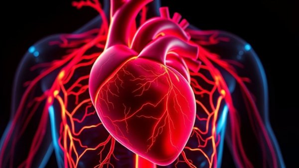 Futuristic neon heart illustration showing arteries for gene editing therapy impact.