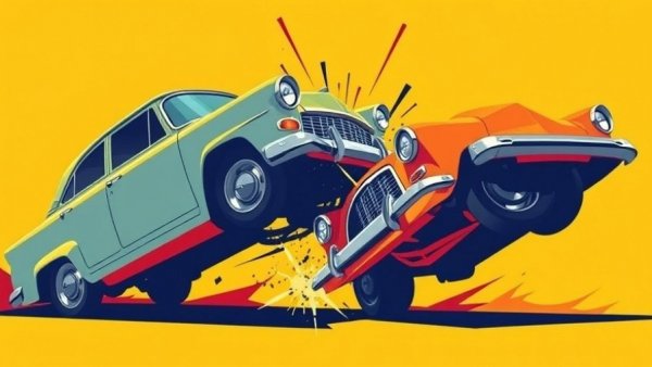 Pop art cars in collision, highlighting anti-EV policies.