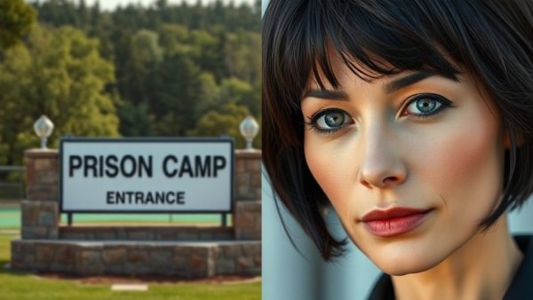 Composite of Federal Prison Camp sign and woman's portrait.