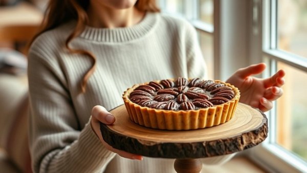 Woman holding pecan tart, perfect for Thanksgiving potluck recipes.