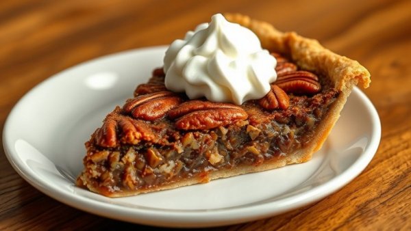 Slice of pecan pie without corn syrup topped with whipped cream.