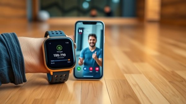 Apple Fitness+ interface on smartwatch and smartphone, vibrant exercise session.