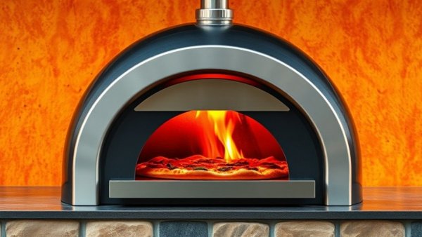 Sleek outdoor pizza oven with vibrant fiery background.