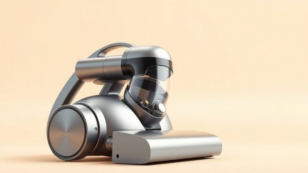 Sleek modern vacuum cleaner with metallic design on beige background.