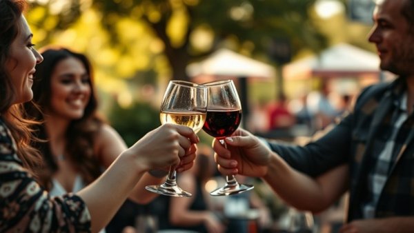 Friends clinking wine glasses outdoors, symbolizing the importance of professional etiquette.