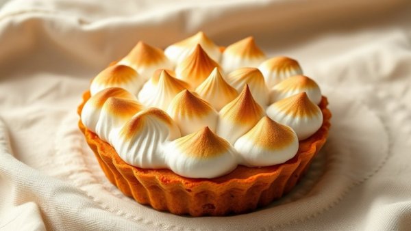 Sweet Potato Pie with golden-brown Marshmallow Meringue peaks on cloth.