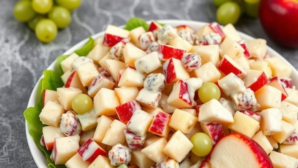 Delicious Waldorf salad recipe with apples and grapes in a bowl.