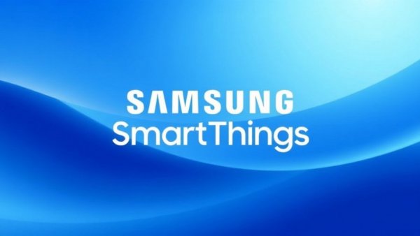 Samsung SmartThings logo on abstract blue background, representing Siri integration