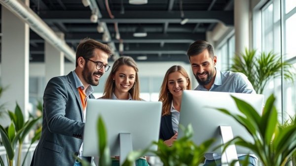 Professionals collaborating on automated payroll solutions in a tech-driven office.