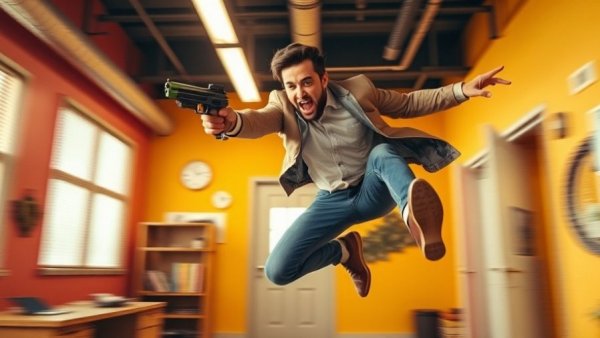 Scene from best nerd sitcom with dynamic mid-air action.