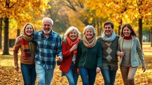Grandparents and grandkids enjoying outdoor fall activities in a park.