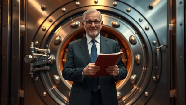 Man holding financial book in front of open bank vault, illustrating budgeting during inflation.